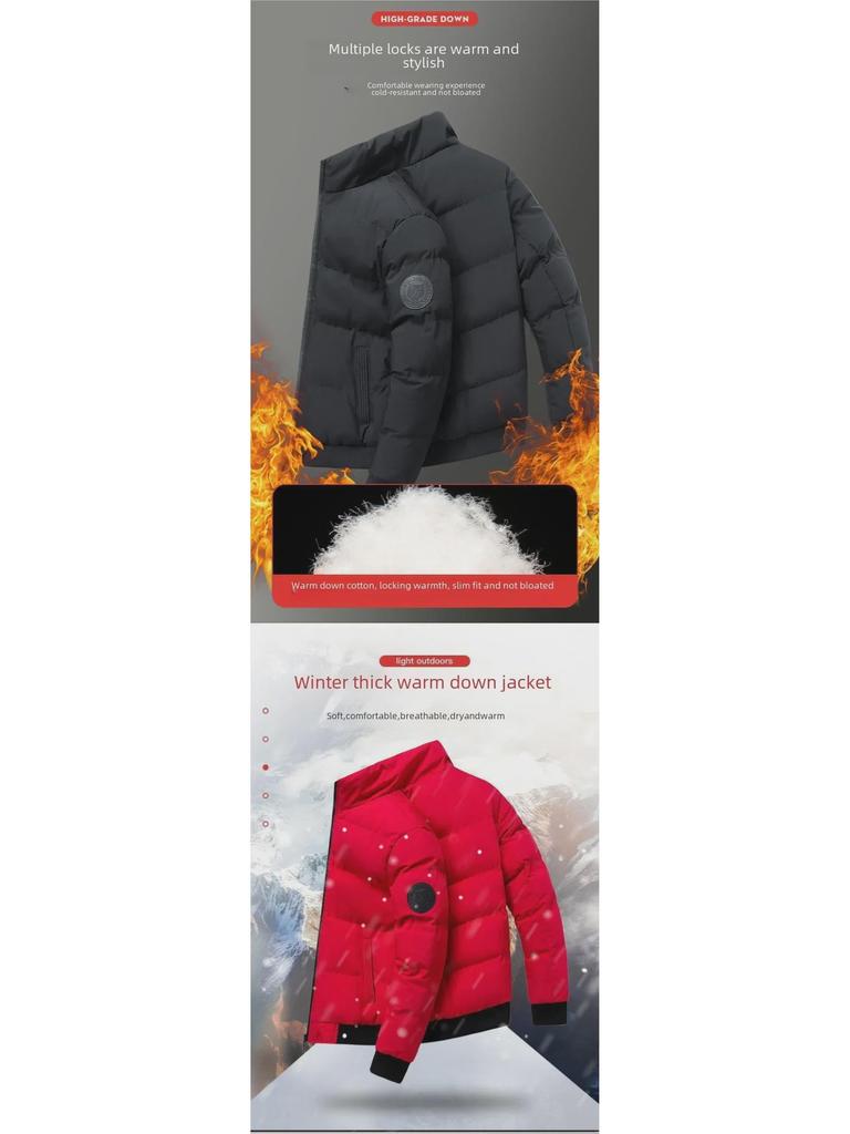 Мужская зимняя куртка из хлопка с пухом - теплая, воротник-стойка, повседневная, толстая, с защитой от холода