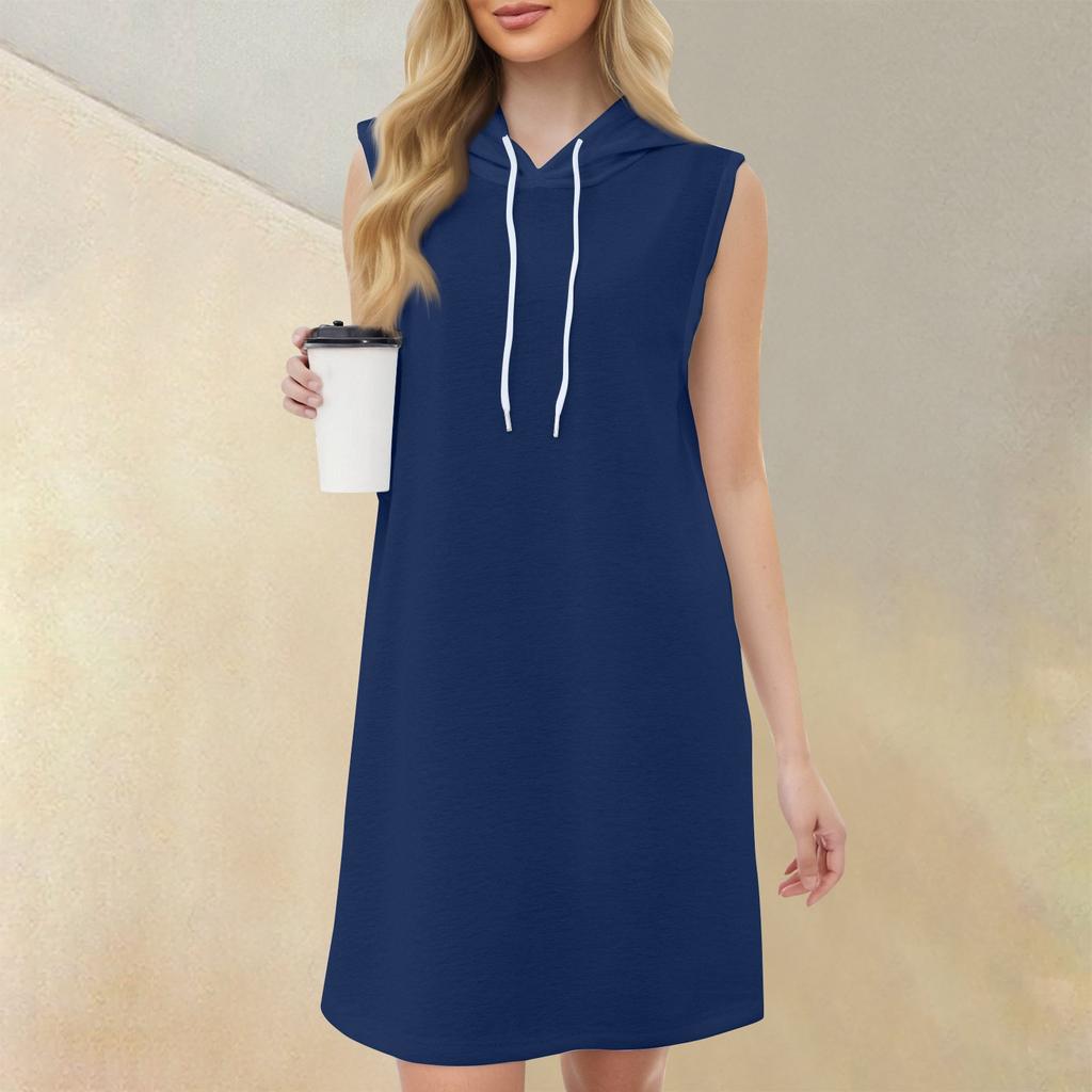Women's Casual Fashion Round Neck Sleeveless Solid Color Hooded Drawstring Dress