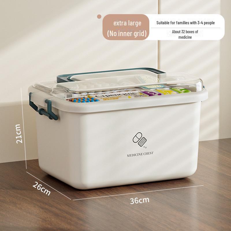 Вместительная переносная аптечка с многоуровневыми отделениями для хранения предметов первой помощи и средств экстренной помощи.