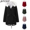 Women's Cotton-Lined White Fur-Trimmed Parka Mid-Length Hooded Winter Warm Fleece Coat