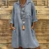 Women's Solid Boho Turn-down Collar Dress 3/4 Sleeve Casual Pocket Button Dress