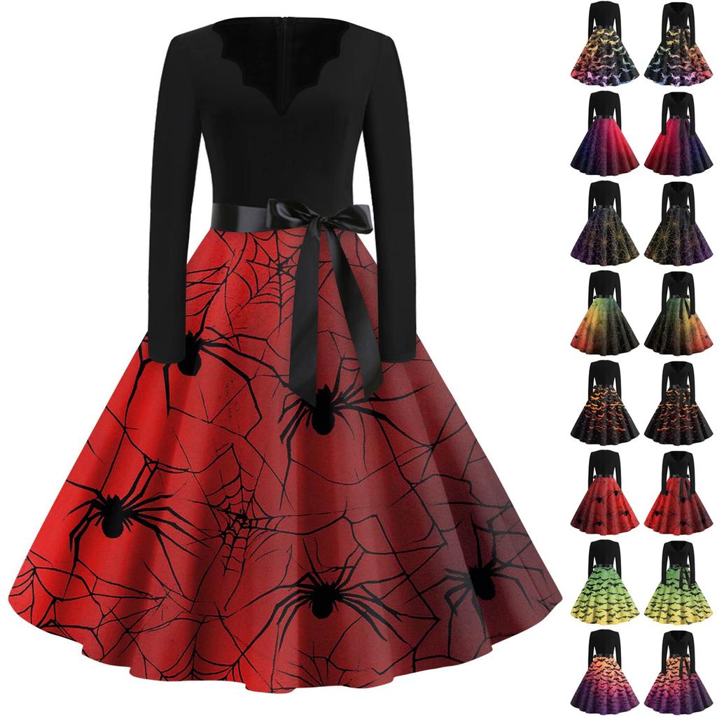 Women's Fashion V-Neck Casual Slim Fit Halloween Printed Long Sleeve Dress