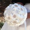 Wedding Bouquet for Bride Satin Artificial Flower Bridal Bouquet with Rhinestones Faux Pearls Bridesmaid Flower Bunch with Handle
