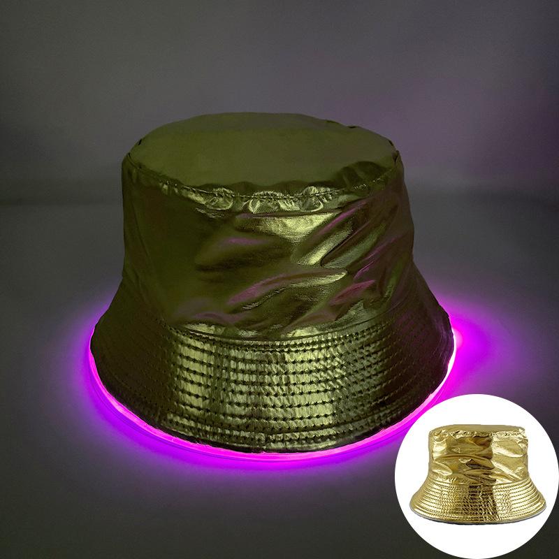 Adult LED Light-Up Flat Top Sun Hat Unisex Logo Embroidery Bucket Cap Solid Color Promotional Gift