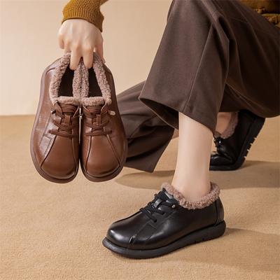 Осенне-зимняя обувь больших размеров, теплая обувь из овечьей шерсти с глубоким вырезом, хлопковая обувь на плоской подошве, женская обувь