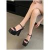 2025 Black High Heels Women's Thick-soled One-word Buckle with Waterproof Table Showing Long Legs Open-toed Sandals Thick Heels Not Tired Feet