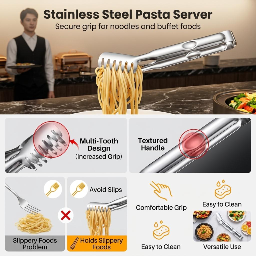 Professional Pasta Tongs Multi Tooth Grip for Buffet Serving 304 Stainless Steel Food Grade Noodles Server Kitchen Tool
