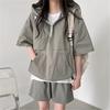 2 Pcs/Set Women Hoodie Shorts Set Half Zipper Hooded Three-quarter Sleeve Loose Big Pocket