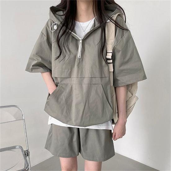 2 Pcs/Set Women Hoodie Shorts Set Half Zipper Hooded Three-quarter Sleeve Loose Big Pocket