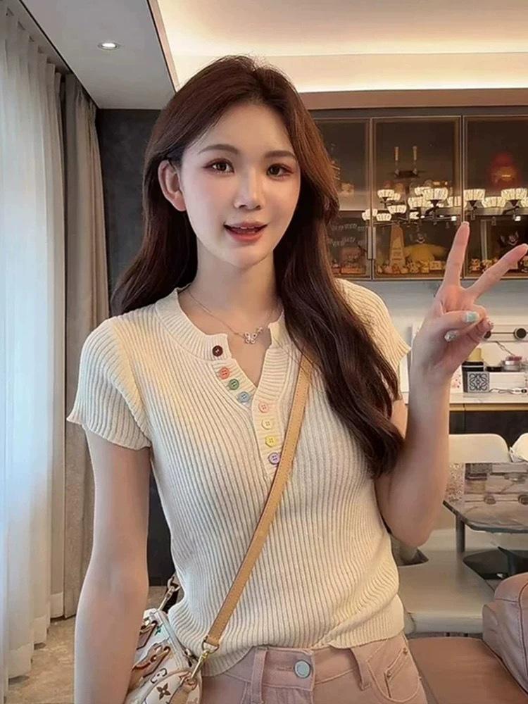 Korean-Inspired Colorful Button V-neck Knitted Top - 2025 Summer Chic Slimming Fashion for Women