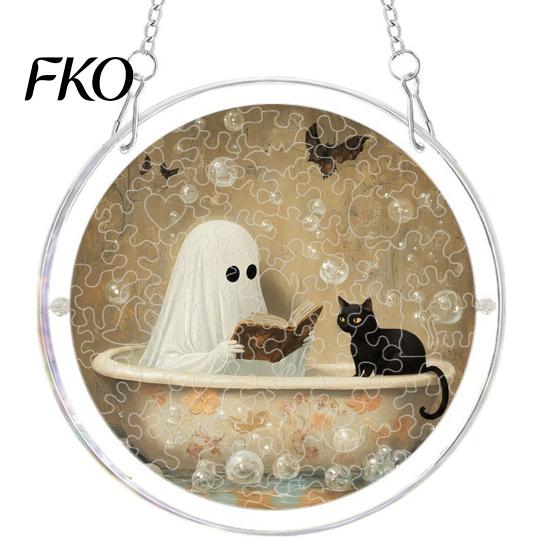 Clear Acrylic Halloween Hanging Suncatcher Jigsaw Puzzle Set, Spooky Ghost Floral Meadow Window Ornament with Metal Stained Glass Frame &