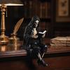 Yousheng Хэллоуин Книга для чтения Скелет Фигурка, Жуткий Читающий Дьявол Скульптура из смолы, Готическая Черная Мантия Статуя Жнеца для Дома