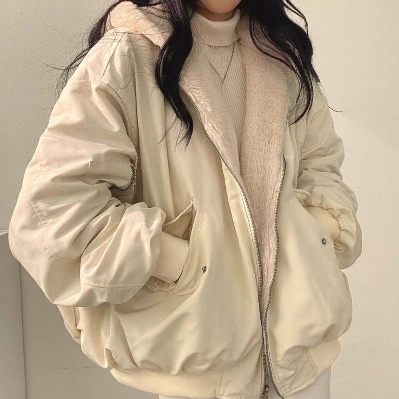 Women's Winter Loose Thickened Padded Hooded Jacket Plus Size Zip Section Warm Tops
