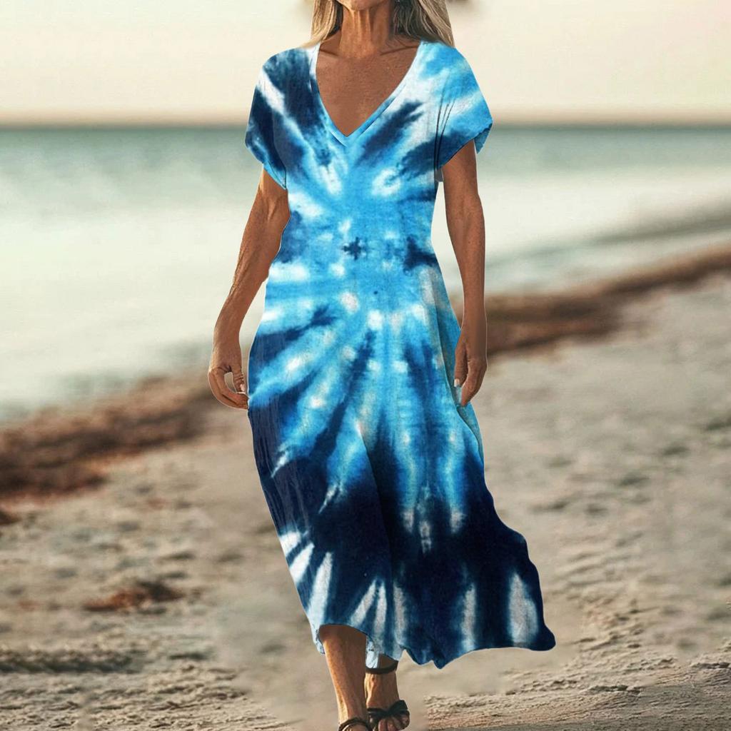 Fashion Women's Summer V-neck Short Sleeve Tie- Retro Print Beach Dress