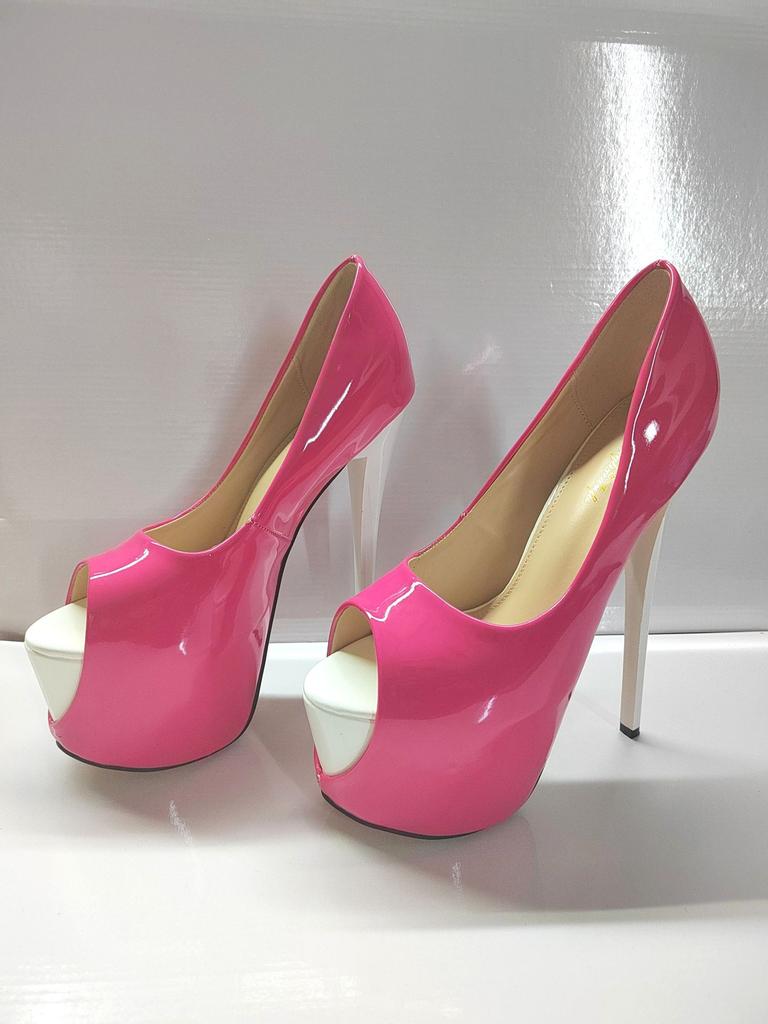 2026 новый цвет сочетание внешняя высота тонкий каблук 19 см конфетный цвет лакированная кожа рыбий рот большой размер женская обувь ненависть небо высокие каблуки