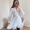 Women Fall Spring Dress Lace-up Tight Waist Solid Color A-line Single-breasted Long Sleeves V Neck Ruffle Hem Dating Travel Mini Dress