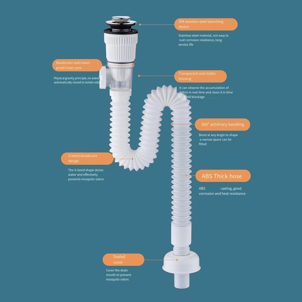 Bathroom Washbasin Drain Pipe Anticlogging Sink Strainer Stretchable Deodorant Pipelines Sink Hose Plumbing Enduring