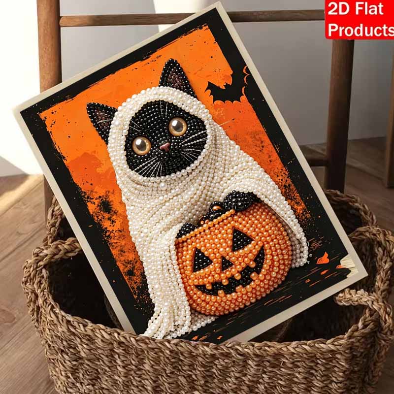 Halloween black cat pumpkin pearl painting art full pearl handmade diy home decorations