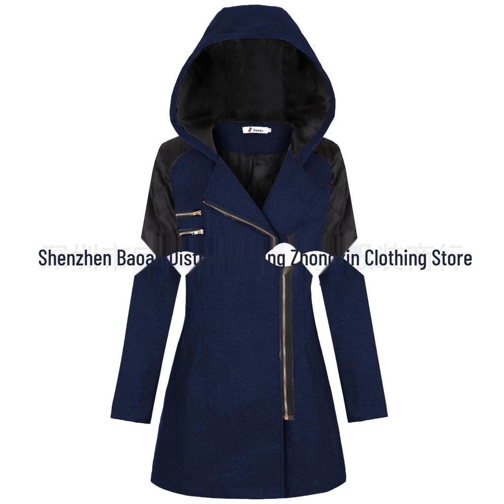 Women's Mid-Length Woolen Hooded Windbreaker with Oblique Zipper - Warm Winter Coat