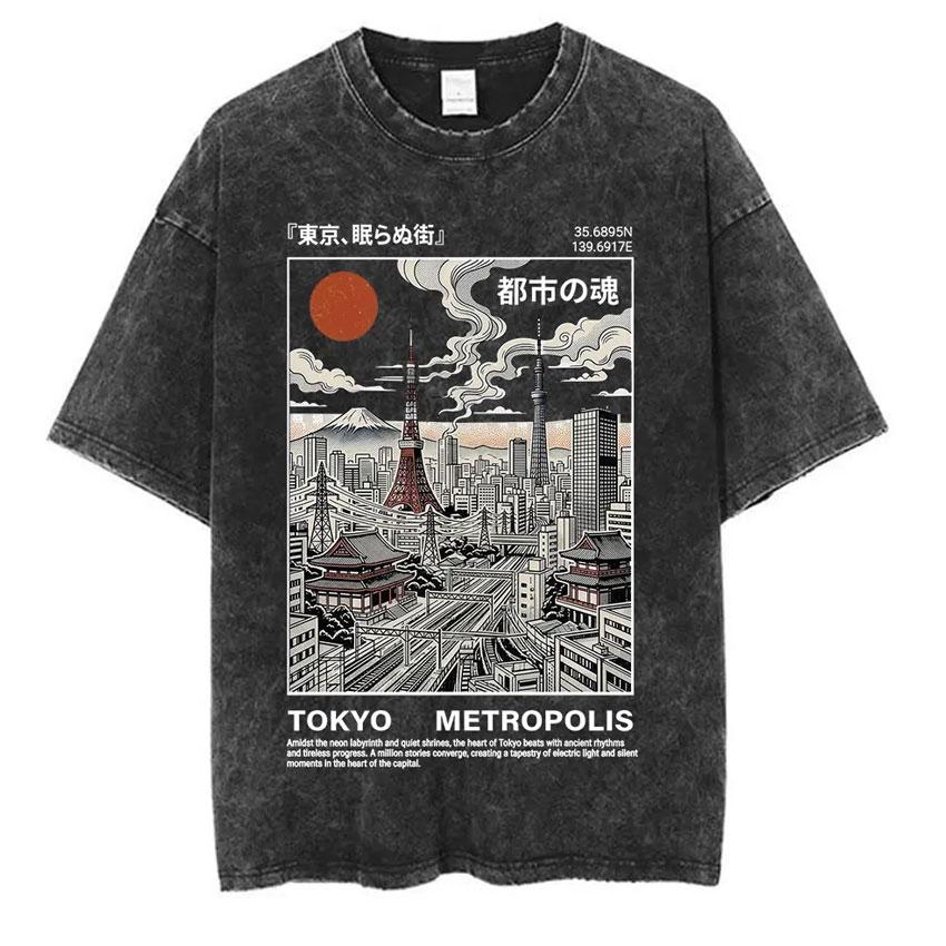Vintage Japanese Osaka Dotonbori Crab Cityscape Graphic T Shirts Mens Washed Fashion Oversized Cotton Tshirt Unisex Streetwear