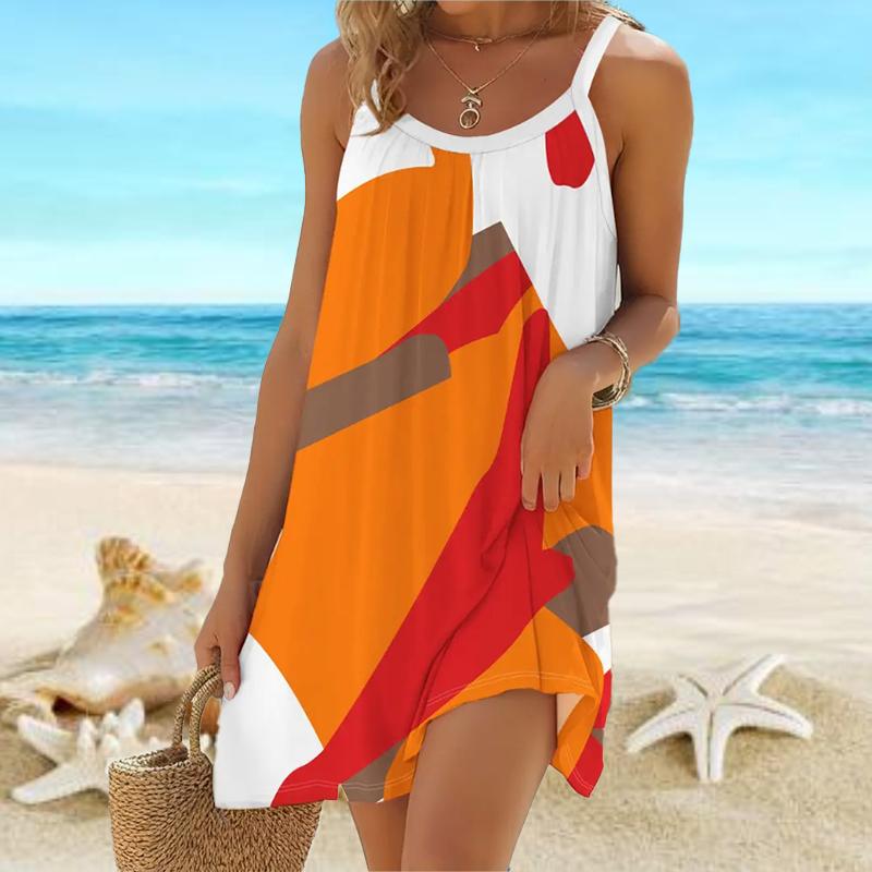 Пляжная одежда Мини-платье с принтом Рождественский стиль Свободная юбка Повседневное современное платье без рукавов Свободный крой Повседневное летнее платье для улицы