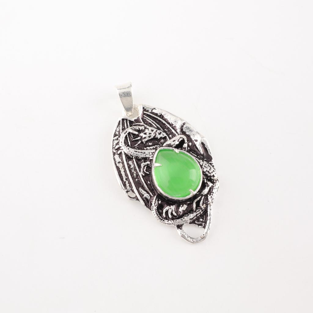 Natural Green Cat's Eye Gemstone 925 Stamped Silver Handmade Girls Pendant 1.55" CP-9-40