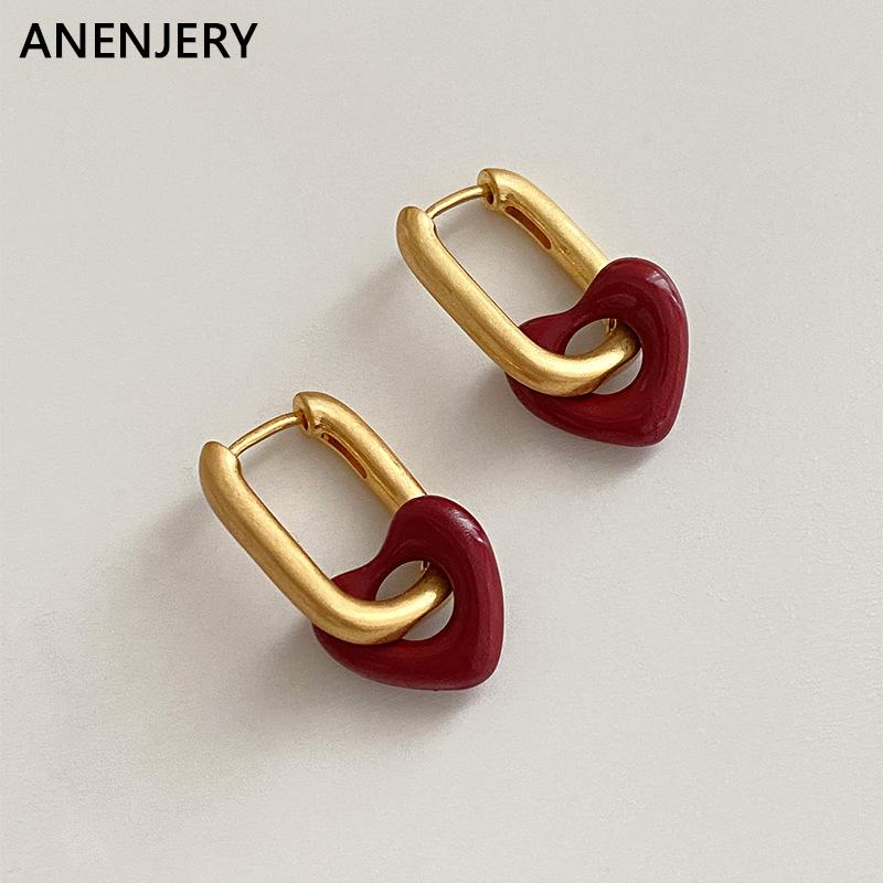 ANENJERY Frosted Matte Red Heart Hoop Earrings for Women Vintage Ear Buckle Huggies Trendy Jewelry Accessories Pendientes Mujer