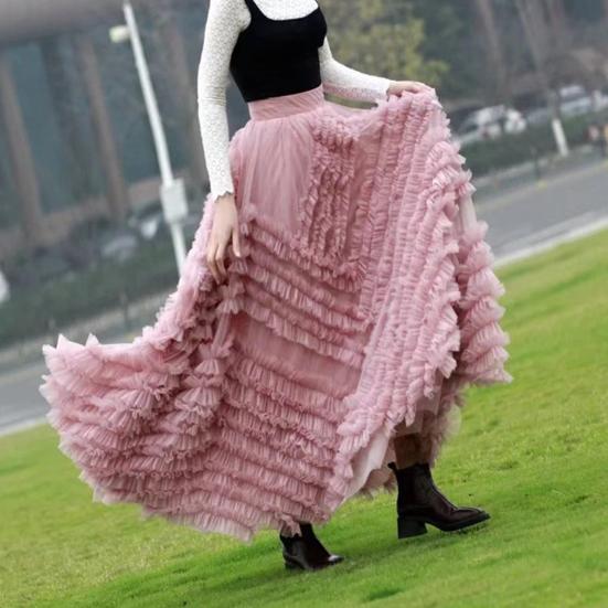 Women Cake Skirt Solid Color Mid-Waist Long Skirt with Elastic Waist Mesh