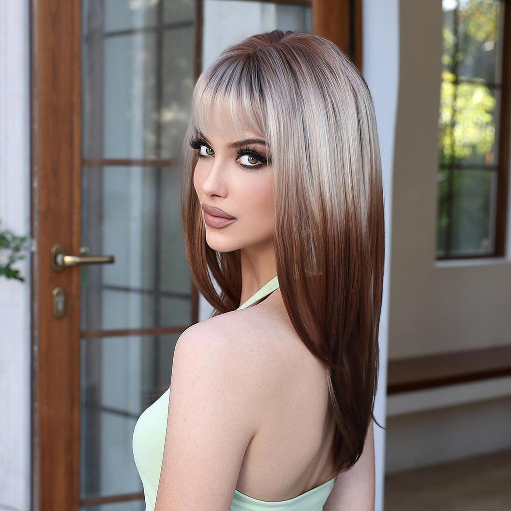 ALAN EATON Коричневые, серые, синтетические парики, длинный прямой многослойный парик с челкой для женщин, косплей, вечерние, повседневное использование, термостойкое волокно