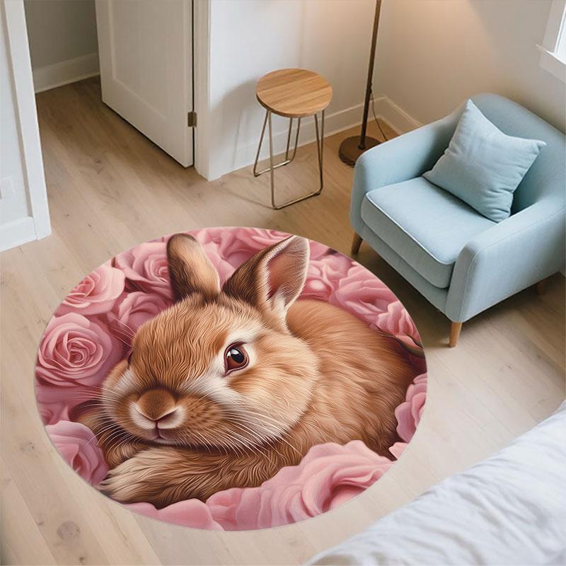 Rabbits & Fresh Flowers pattern round rug,Carpet Rug for Living Room Bedroom Playroom ,Non-slip Floor Mat,Holiday Gifts and Birthday Gifts.
