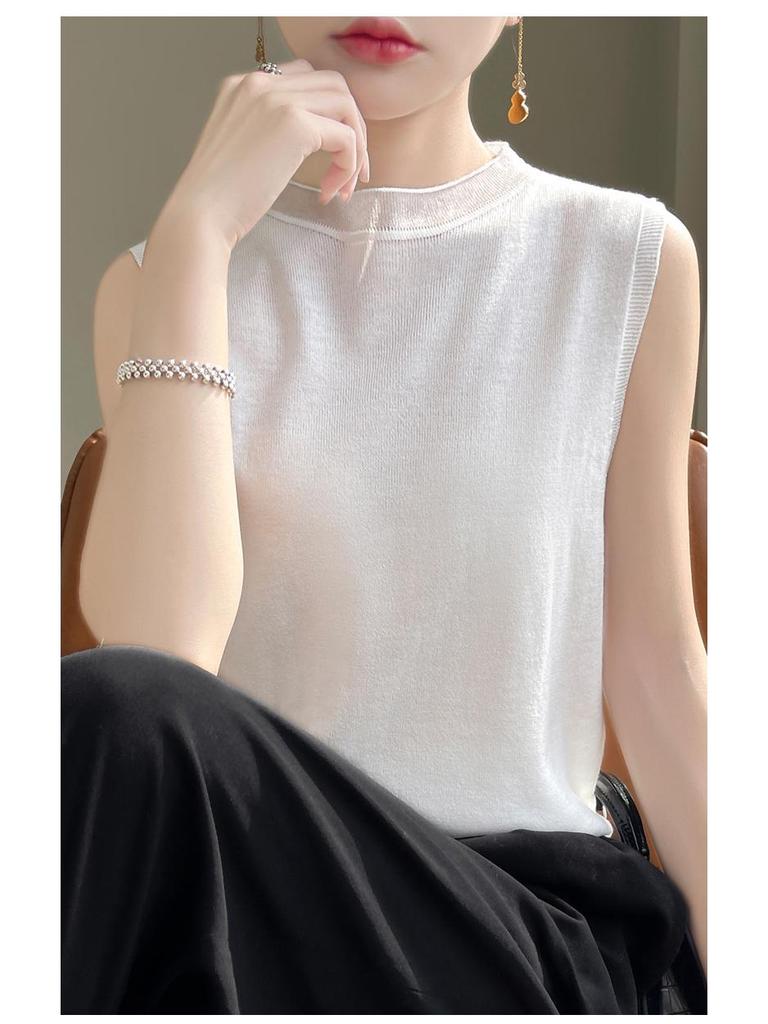 2024 Spring/Summer Women's Sleeveless Thin Knitted Sweater - Half Turtleneck Pullover Vest