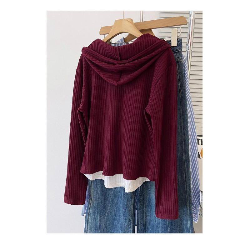 Women S Plus Size Hooded Long Sleeve Fake Two Piece T Shirt Loose Casual Top