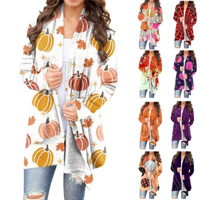 Женская модная повседневная куртка-кардиган средней длины с длинным рукавом и принтом на Хэллоуин