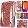 Zipper Flip Wallet Glitter Leather Case for iPhone Samsung Xiaomi Redmi Google Bling Stand Phone Cover