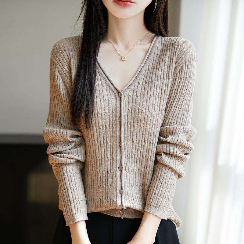 2025 Весна/Лето Женский Шерстяной Шелковый Кардиган Свободной Трикотажи с Длинным Рукавом и V-образным Вырезом