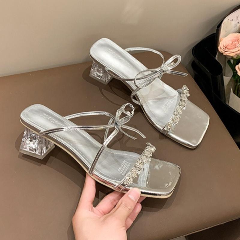 Женские тапочки Роскошные туфли на высоком каблуке со стразами Тапочки с бантом для женщин 2025 Лето Новые туфли на высоком каблуке Sandalias Mujer