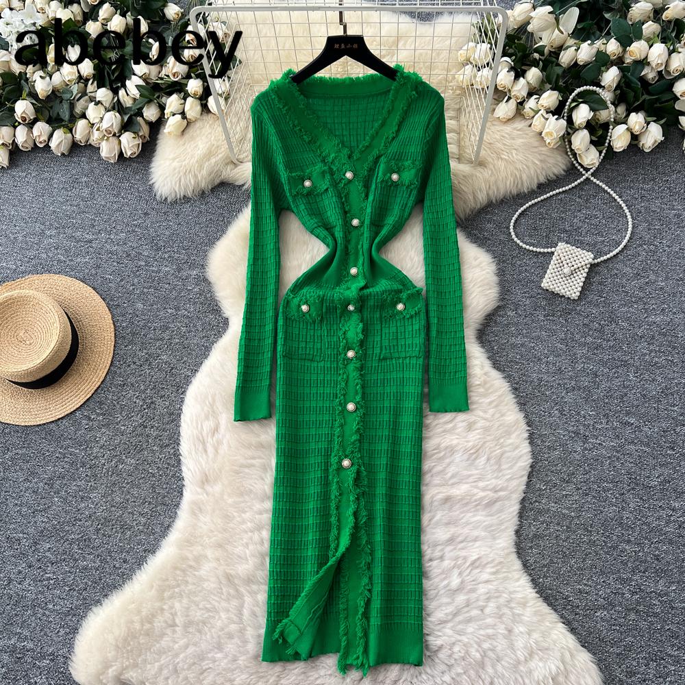 Новые женские платья Осень Зима Винтажное лоскутное вязаное миди-платье Элегантное платье-рубашка-свитер с V-образным вырезом и оборками