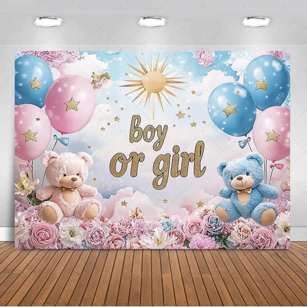 The genre Reveal theme backdrop baby party decorations supplies pink blue bear gift banner newborn shower photography4863
