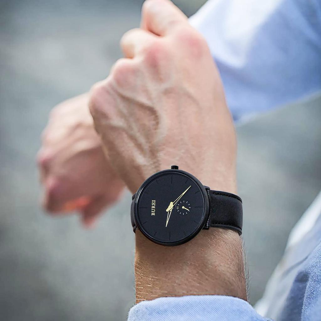 BUREI Men's Black Watch, Simple, Stylish, Popular, Waterproof, Designer Watch (Black-Gold, Leather)