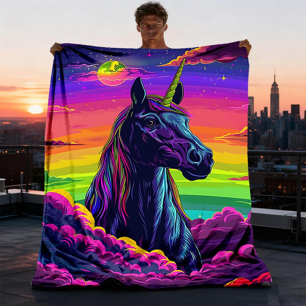 1pc Unicorn Fantasy Artwork Print Outdoor Blanket, Lightweight Polyester,