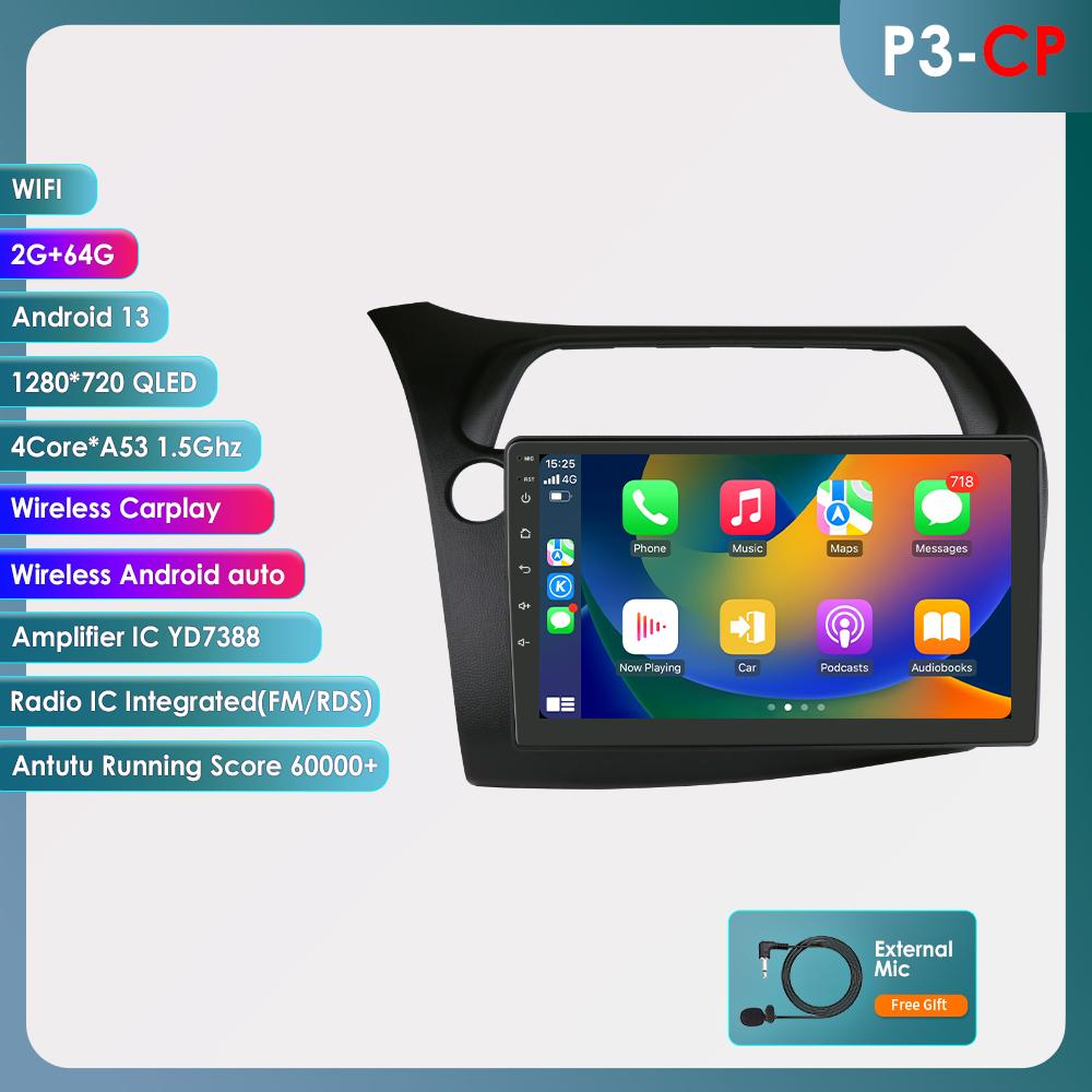 360Camera Android14 Car Radio For Honda Civic Hatchback 2005 - 2011 Car Multimedia GPS 4G Carplay Intelligent Screen autoradio