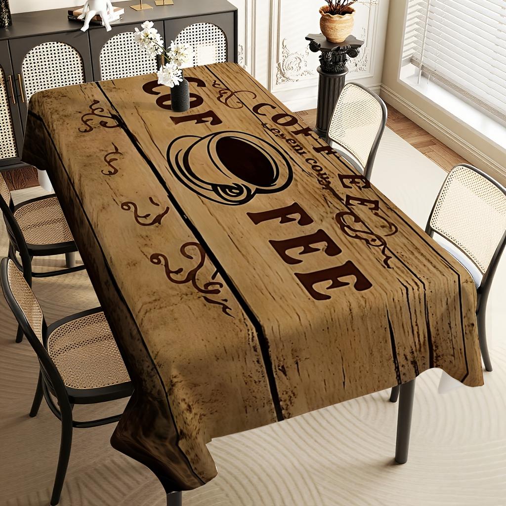 1pc Retro Bohemian Brown Coffee Patterned Tablecloth, Durable Polyester Tablecloth, Bohemian Coffee Theme Style Tablecloth