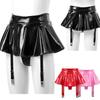 Womens Wet Look Patent Leather Ruffle Skirt Built-in Thongs Garter Belts Metal Clips Miniskirt Party Clubwear