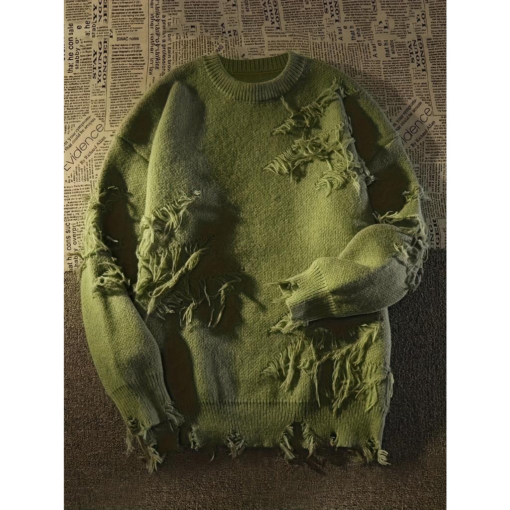 Однотонный свитер с круглым вырезом, повседневный вязаный свитер с длинными рукавами и рваными кисточками для осени и зимы, женская одежда