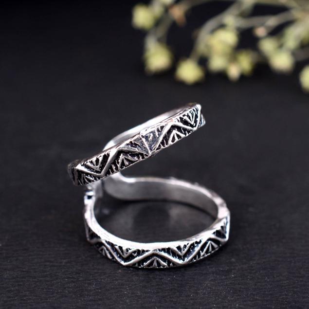 Geometric Double Band Ring | Wide Adjustable Tribal Knuckle Ring | Oxidized Silver Boho Statement Ring | Open Split Shank Mid-Finger Jewelry