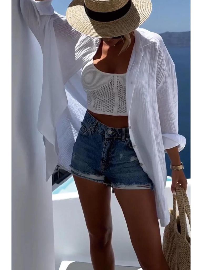 Европейская и американская трансграничная женская повседневная рубашка с длинным рукавом из хлопка и льна с отложным воротником