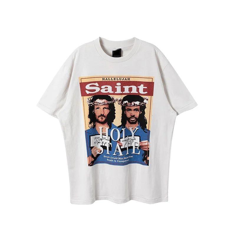 Белая серия Портрет Святого Узор с надписью Принт Хлопковая футболка с коротким рукавом в американском повседневном свободном стиле для мужчин и женщин
