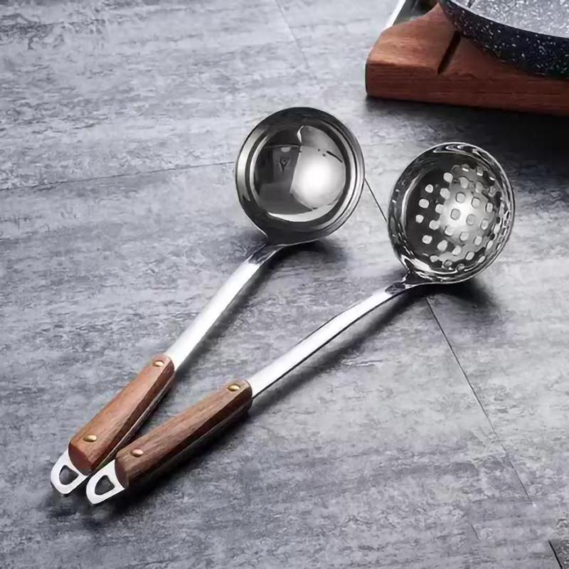 Шумовка с деревянной ручкой, утолщенная, утолщенная, нержавеющая сталь, домашняя, для ресторанов, для супа, цельная