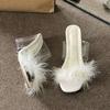 Korean Version of Thick-heeled Fluffy Decorative Women's Cool Slippers 2025 Summer New Internet Celebrity Slippers Lazy High Heels