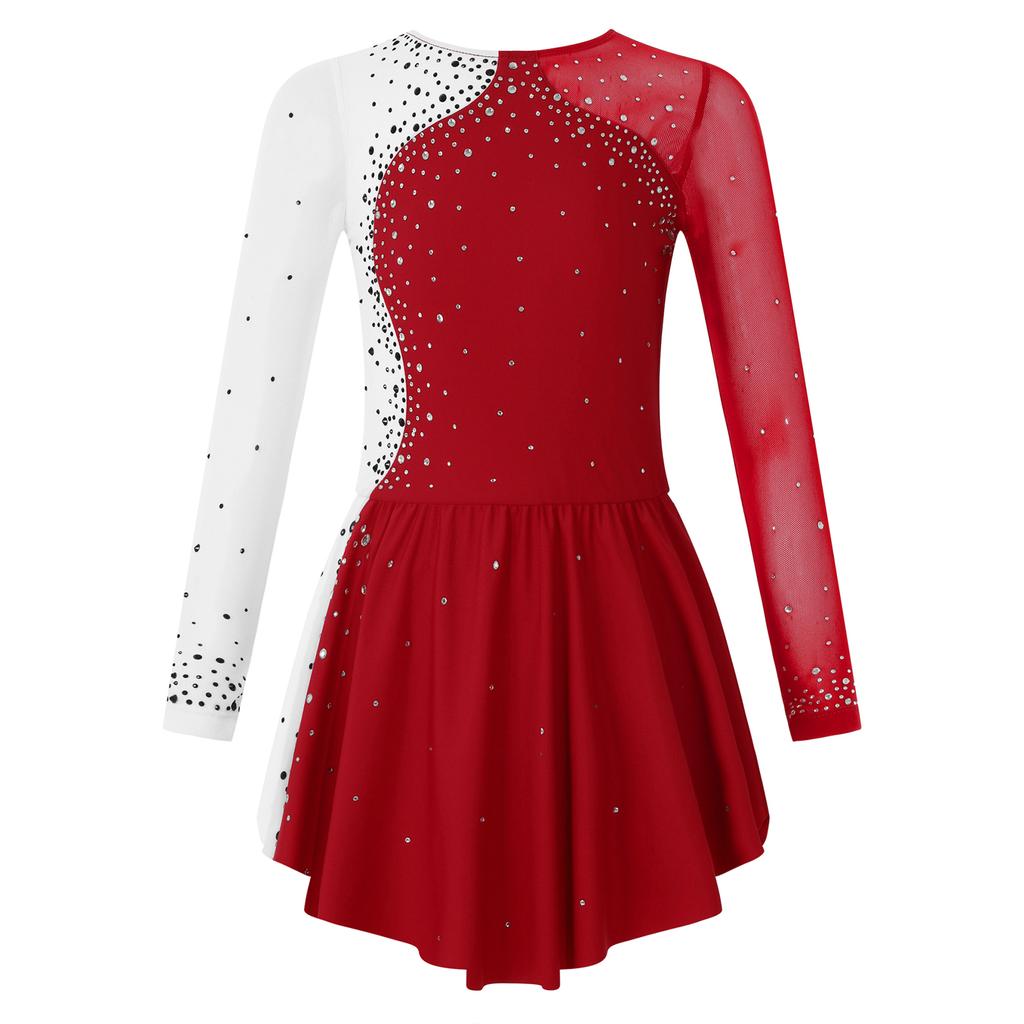 Kids Girls Stylish Dance Wear Long Sleeve Rhinestone Decor Contrast Color Skating Dresses